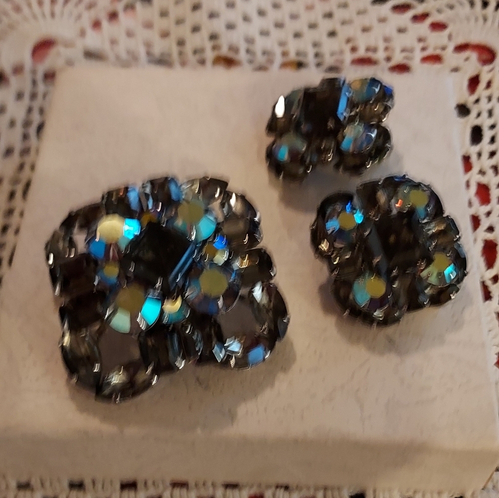 Beautiful  Judy Lee Brooch and earrings  Charcoal rinestones glimmer. Signed.